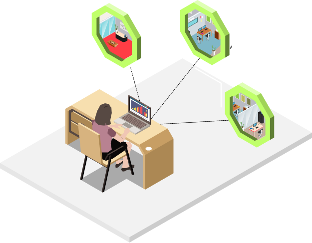 3D model of a smart building with various sensors and devices labeled